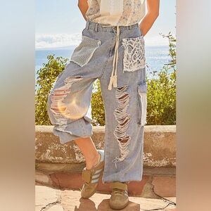 199. POL LAST 1! Denim Jeans Pants Lace Crochet Baggy Slouchy Distressed